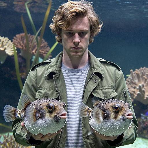 Young Man Holding Two Large Pufferfish in Aquarium