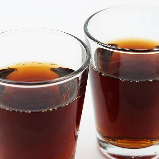 Close-up photograph of two clear glasses filled with dark amber liquid, likely cola, against a white background. Droplets of condensation are visible on the