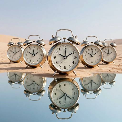 Photograph of seven vintage silver alarm clocks with reflective white faces, black numerals, and black hands, arranged in a semi-circle on a reflective surface