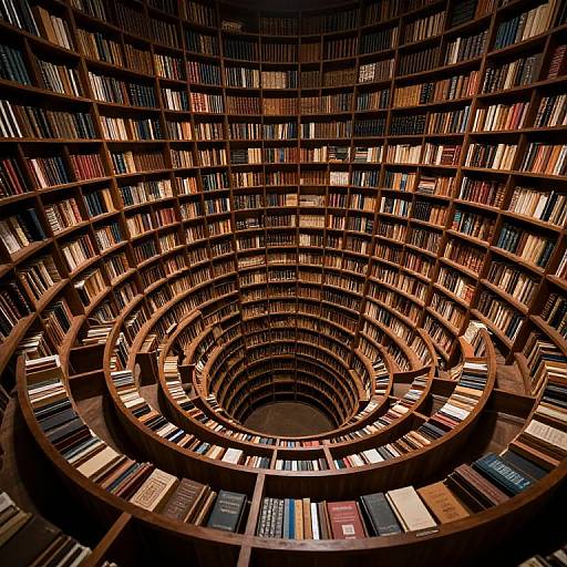 Photograph of a circular, multi-tiered wooden library with rows of books spiraling upwards, creating a mesmerizing, symmetrical, and warm-ton