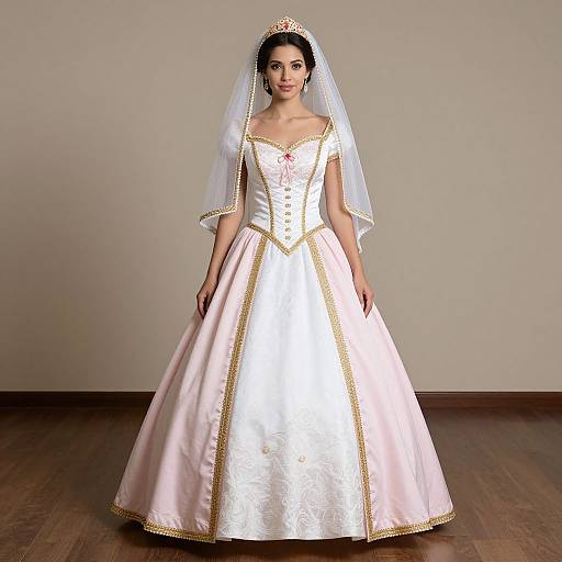 Photograph of a woman in an elaborate white and pink satin ball gown with gold trim, white veil, and tiara, standing on wooden floor against