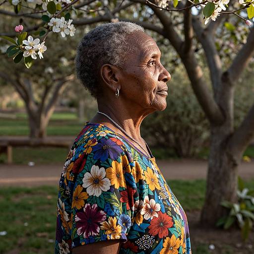 Photograph of an elderly African-American woman with short gray hair, wearing a colorful floral dress, silver earrings, and standing in a sunlit park with