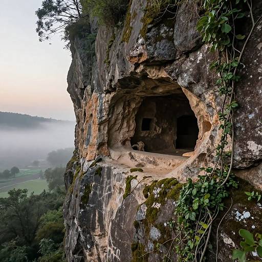 Photograph of a natural rock cave with a dark entrance, perched on a mossy cliffside, surrounded by misty forest and rolling countryside at