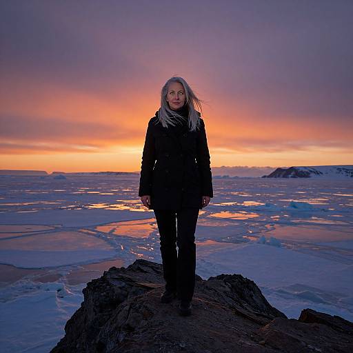 Photograph of a smiling woman with long blonde hair, wearing a black coat and scarf, standing on a rocky ice-covered shore at sunset with a vibrant