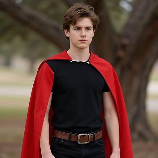 Photograph of a young man with wavy brown hair, wearing a black shirt, red cape, brown belt, standing in a park.