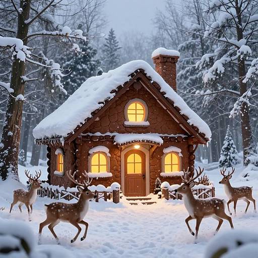 Photograph of a snow-covered, wooden cottage with glowing windows, surrounded by four deer in a winter forest, illuminated by soft yellow lights.