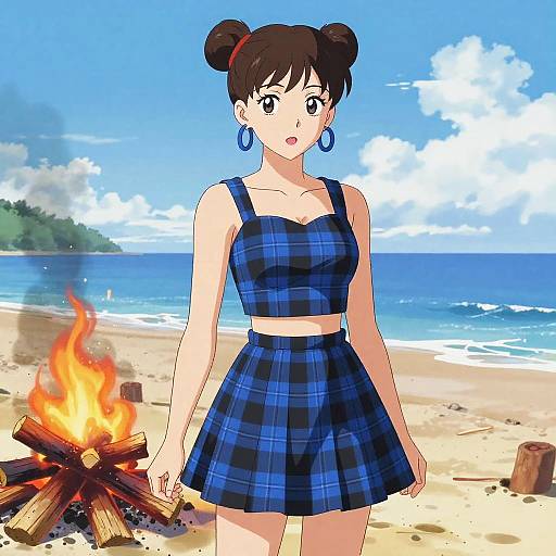 Digital anime-style drawing of a cute brunette woman with double buns, blue plaid crop top and skirt, standing by a beach campfire.