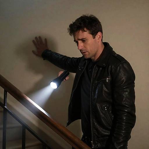 Mysterious Man on Dimly Lit Staircase