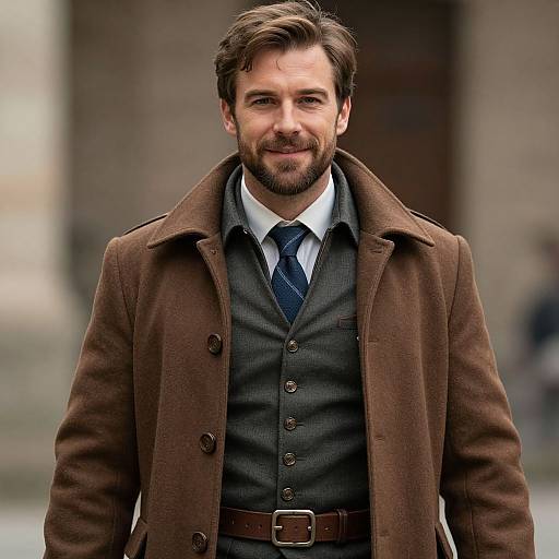 Photograph of a smiling, bearded man with brown hair, wearing a brown coat over a gray vest, white shirt, and blue tie. Bl