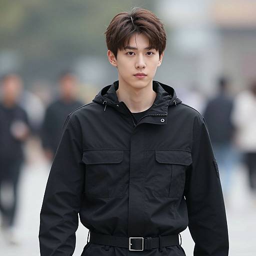 Photograph of a young East Asian man with short dark hair, wearing a black military-style jacket, standing in a blurred urban background with people.