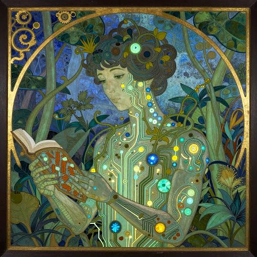 Art Nouveau Android Botanist with Bioluminescent Vines