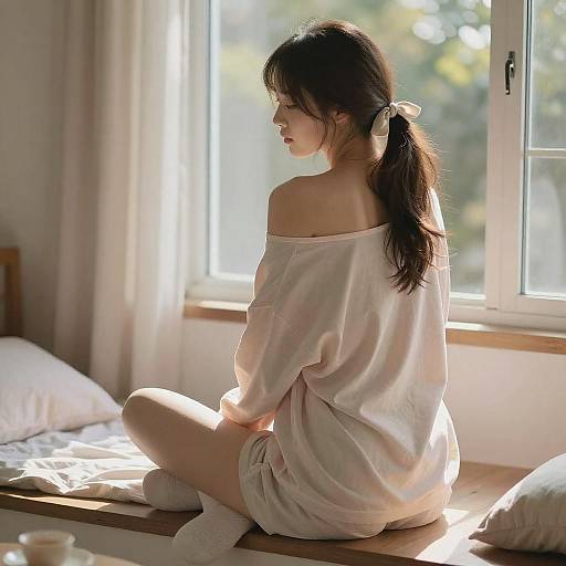 Woman Sitting by Window in Cozy Pajamas