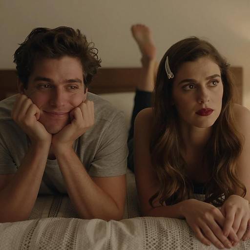 Couple lying on bed with contrasting expressions