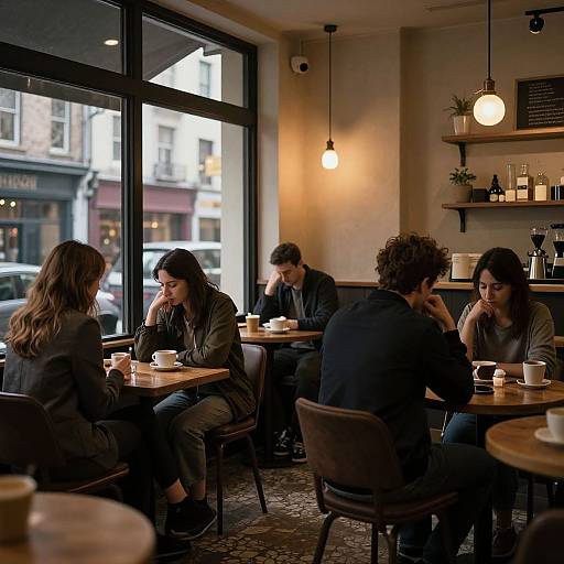 Photograph of five casually dressed people sitting at wooden tables in a cozy, warmly lit café with large windows, potted plants, and hanging lights.