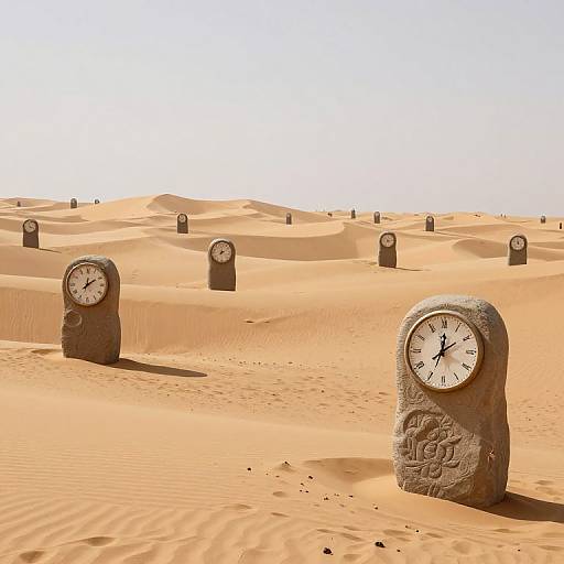Photograph of multiple stone clocks with white faces standing in a vast, sunlit, orange desert, with rippled sand dunes.