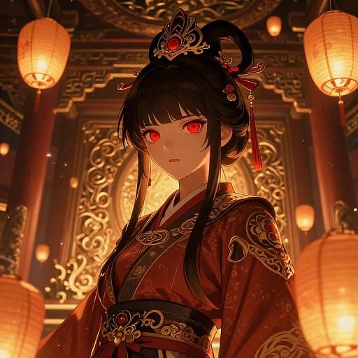 Red-Eyed Anime Girl in Temple