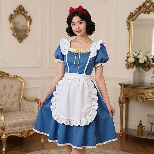 Photograph of a fair-skinned, black-haired woman in a blue Disney-style Snow White dress with white apron, red bow, in an orn