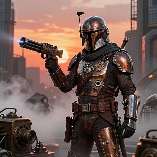 Steampunk Mandalorian in Dystopian City