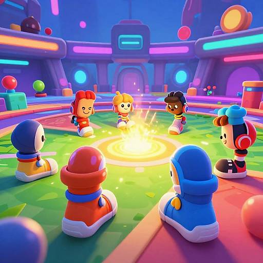 Bright, colorful CGI image of Mario-style characters in a glowing arena, standing around a radiant yellow light, with vibrant neon lights and futuristic background.