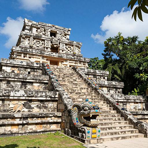 Photograph of a large, ancient Mayan stone pyramid with detailed carvings, central staircase, and lush greenery under a bright blue sky.