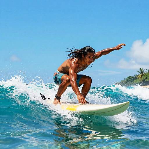 Photograph of a muscular, tan-skinned male surfer with long black hair, wearing blue board shorts, riding a vibrant blue wave under a clear