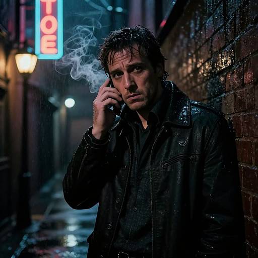 Photograph: Wet-haired man in black leather jacket, smoking, talking on phone in dim, rain-soaked alley with neon 