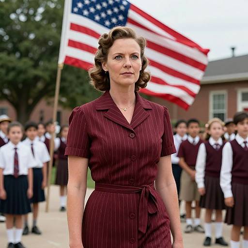 Photograph of a 1950s-style woman in a pinstripe dress standing in front of an American flag, with a group of schoolchildren