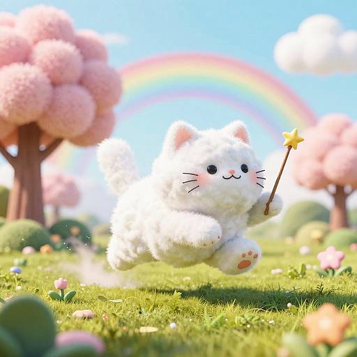 Whimsical Cloud Cat with Magic Wand in Fantasy Garden