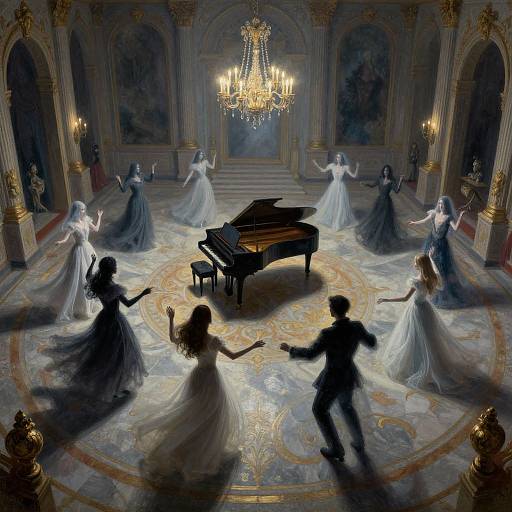 Digital painting of a grand ballroom with ethereal women in flowing dresses dancing around a grand piano, silhouetted figures in foreground, opulent
