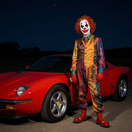 Photograph of a clown with white face paint, red curly hair, colorful jumpsuit, and red boots standing beside a bright red Ferrari at night.