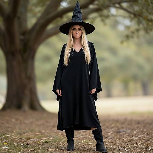 Photograph of a blonde woman in a black witch costume with a pointed hat, long dress, and boots, standing in a forest path with blurred trees