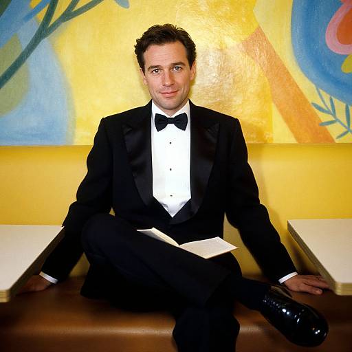 Photograph of a handsome man in a black tuxedo, white shirt, black bow tie, sitting on a brown bench against a vibrant yellow and