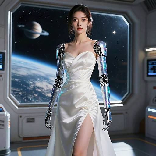 Photorealistic CGI: Asian woman with cybernetic arms in sleek white, thigh-slit dress, standing in futuristic spaceship with planets visible.