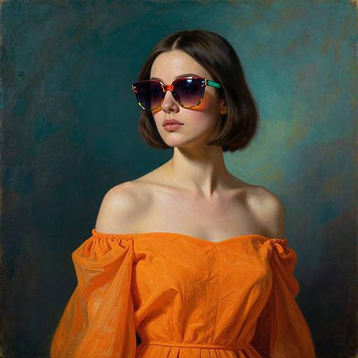 Photograph of a young woman with fair skin, short dark brown hair, wearing large orange sunglasses, and an off-shoulder orange dress, set