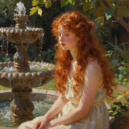 Digital painting of a fair-skinned, red-haired woman in a flowing white dress, gazing at a cascading fountain in a sunlit garden.