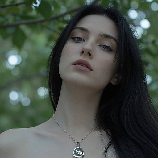 Photograph of a pale, young woman with long black hair, blue eyes, and bare shoulders, wearing a silver necklace, against a blurred green leaf