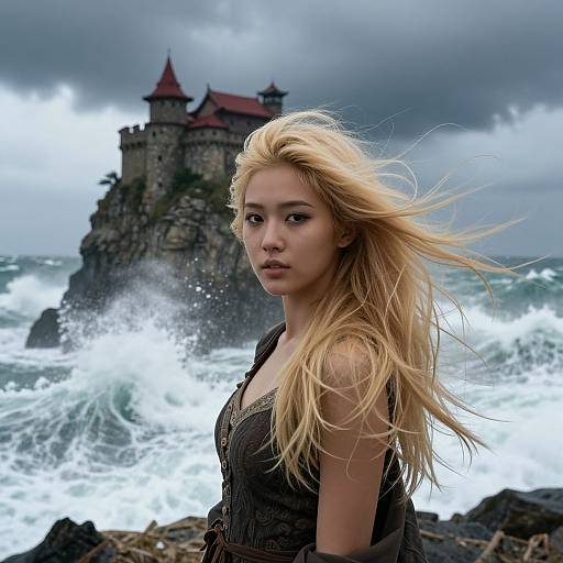 Photograph of a blonde young woman with flowing hair, dressed in a dark patterned top, standing in front of a stormy sea with crashing waves