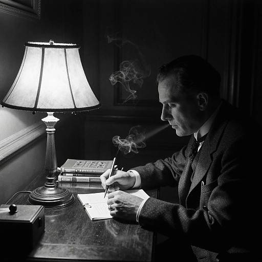 Black-and-white photograph of a man in a suit, smoking, writing on paper under a lit lamp on a dark wooden desk.
