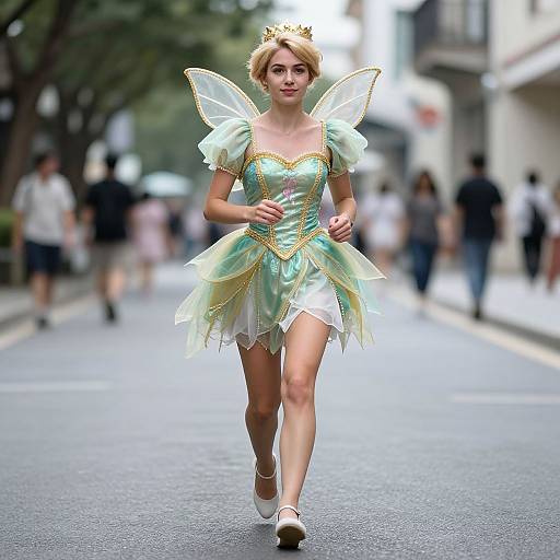 Photograph of a blonde woman in a pastel green fairy costume with gold trim, translucent wings, and a crown, running down a blurred city street