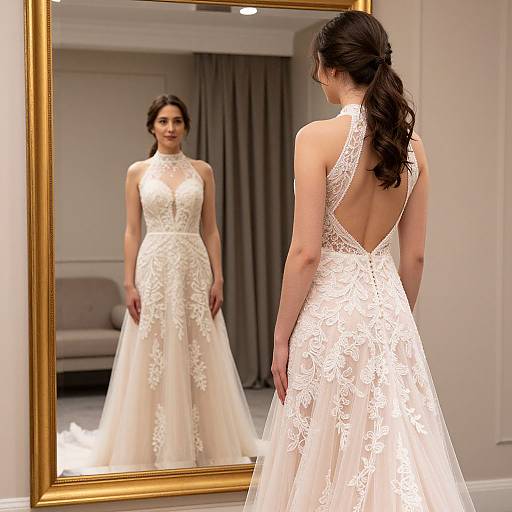 Photograph of a woman with long brown hair in a lace-back, sleeveless white wedding gown, standing before a gold-framed mirror, reflecting her