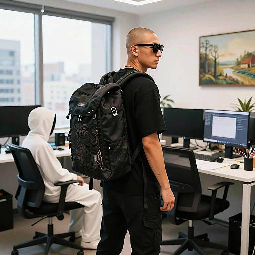 Modern Office Encounter with Hooded Figure