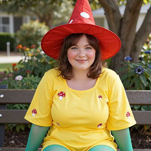 Cheerful Woman in Mushroom Witch Costume