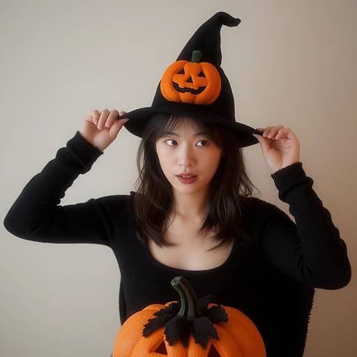 Photograph of an Asian woman with straight black hair, wearing a black witch hat with an orange jack-o'-lantern face, and a black sweater