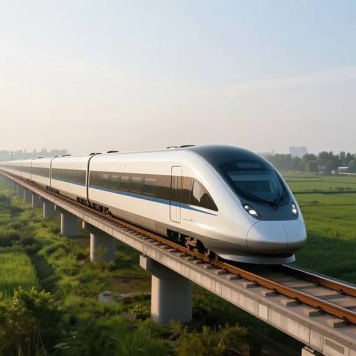 Photograph of a sleek, white high-speed train with a black-tinted windshield traveling on an elevated concrete track through a lush green countryside under a