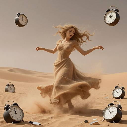 Photograph of a woman in a flowing beige dress, running through a desert with floating alarm clocks, sand swirling around her.