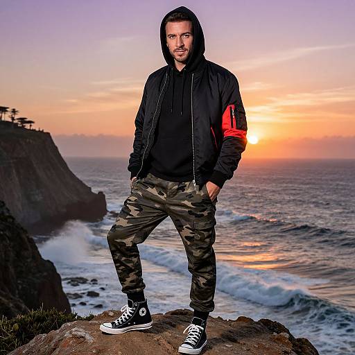 Confident Man by Coastal Cliffside Sunset