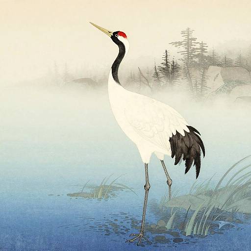 Elegant Crane in Misty Wetland