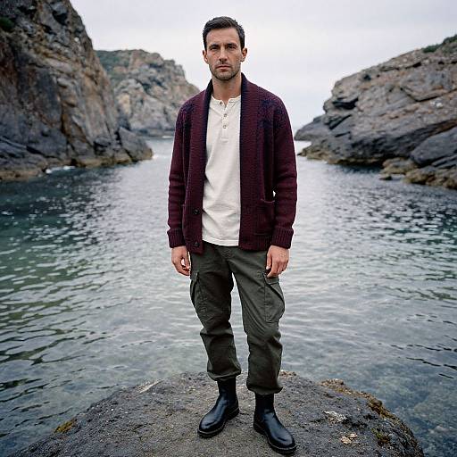 Masculine Man in Rugged Coastal Outfit