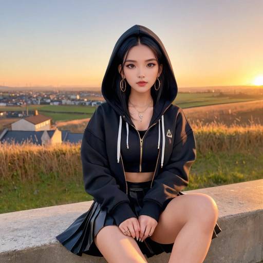 Young Woman in Black Hoodie at Sunset