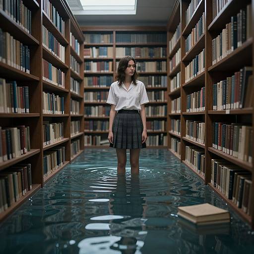 Photograph: Young woman with wet, wavy brown hair, white blouse, and gray pleated skirt standing in flooded library aisle, surrounded by tall